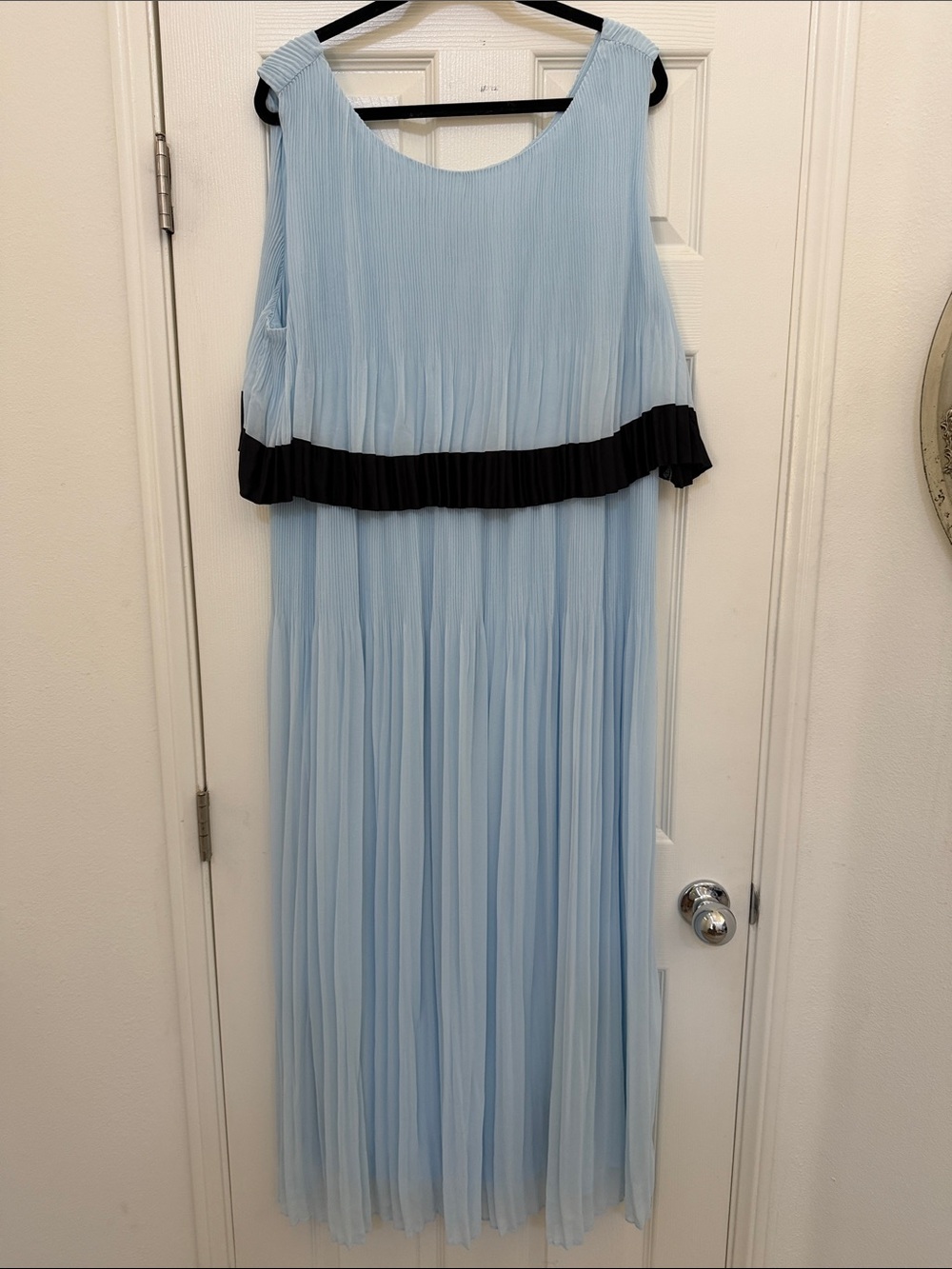 Light Blue Pleated Maxi Dress with Navy Accent. Fully lined.